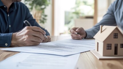 High-resolution photorealistic image of a landlord discussing rental terms with a tenant, with a house model and contract papers on the table The photograph captures the professional atmosphere of