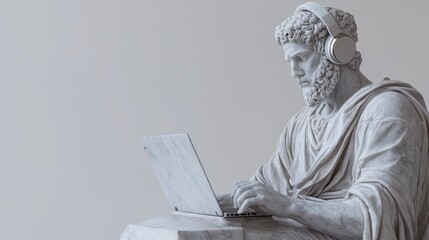 Classical Greek marble statue of warrior with modern headphones and laptop, minimalist background.

