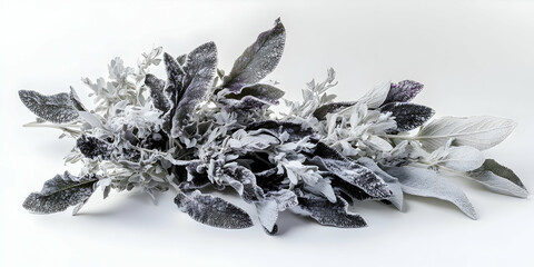 A decorative arrangement of various leaves and foliage, dusted with a white powdery substance.