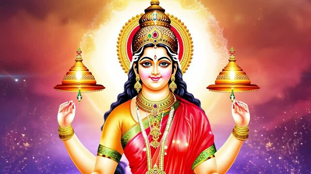 Lalita tripura sundari holding scales with galaxy background