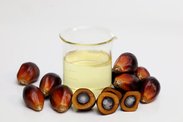 palm kernels with ripe palm oil in glass cup isolated on white background