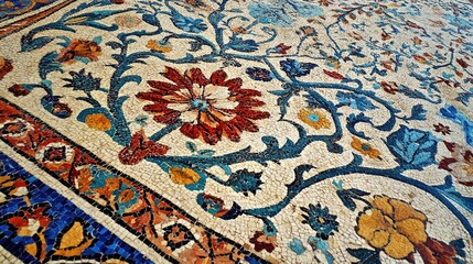 An exquisite antique mosaic featuring intricate floral motifs, showcasing the artistry and craftsmanship of a bygone era. This stunning artwork displays a rich palette of colors, with detailed flowers
