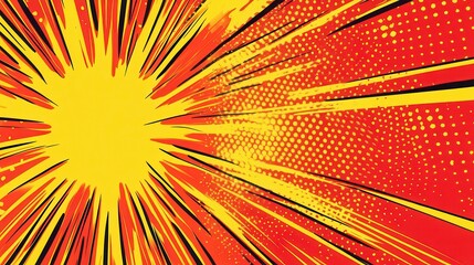 Fototapeta premium Abstract Comic Book Style Background with Yellow and Red Stripes and Dots