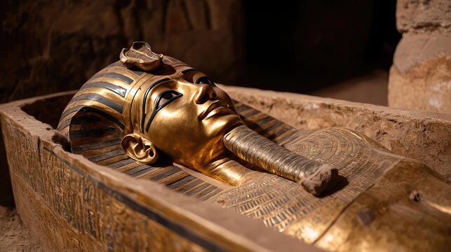 Ancient Egyptian sarcophagus with a golden mask, historical artifact display.