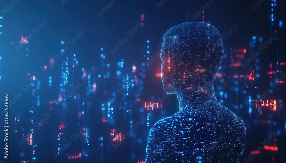 Poster a digital human figure constructed of illuminated data points