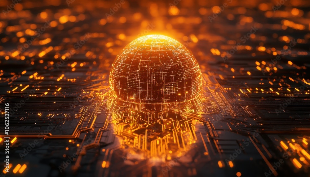 Poster Glowing Sphere Embedded in a Futuristic Circuit Board
