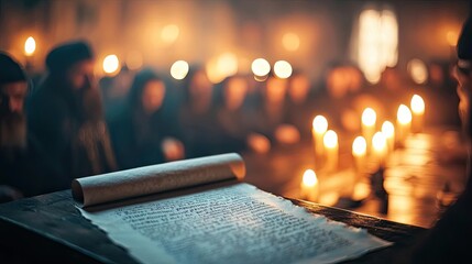 Sacred text scroll illuminated by candlelight in a dimly lit setting