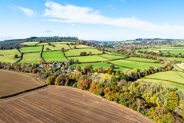 Fototapeta premium Fields and Farms over River Usk from a drone, Brecon, Brecon Beacons, Powys, Wales, England