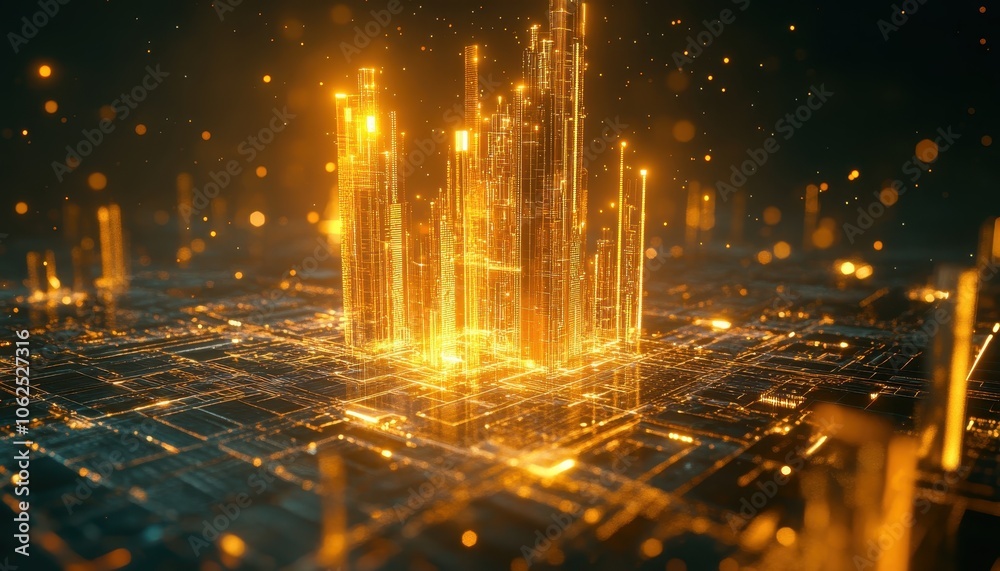 Aufkleber glowing digital cityscape with networked structure