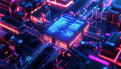 Obraz premium Close-up of a Futuristic Circuit Board with Glowing Lines and a Central Chip