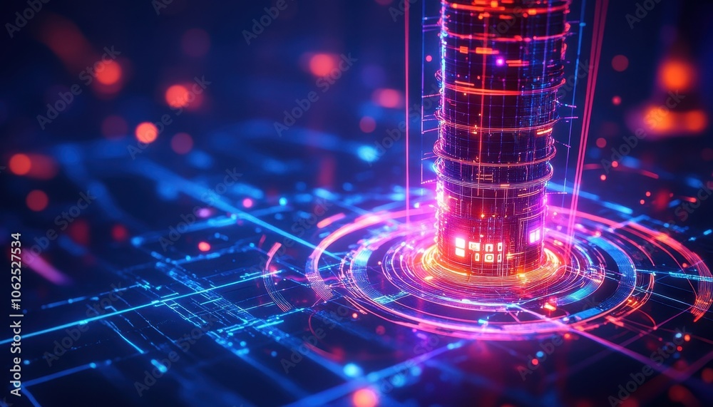 Poster Neon-Lit Abstract Structure with Circular Lights