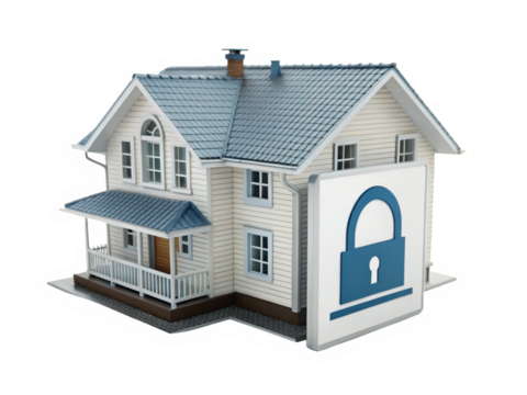 3D Home Security Icon House with Lock Symbol Isolated on Transparent Background