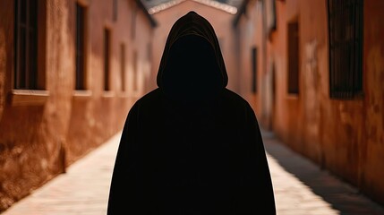 Mysterious figure in a hooded cloak, standing in a narrow alleyway.