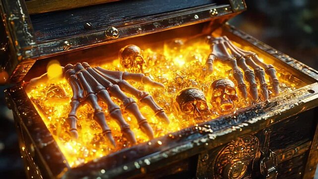 Skeleton Hands Grasping Gold and Skulls in Treasure Chest