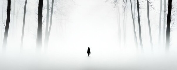 Obraz premium Mysterious figure walking through a foggy forest, creating a surreal atmosphere.