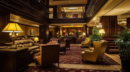 Naklejka premium Luxurious Hotel Lobby with Dark Wood, Gold Accents, and Comfortable Seating