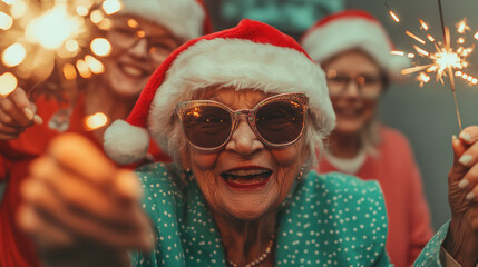 diverse group of cheerful elderly senior friends at senior care facility, wearing santa hats and holding sparklers at Christmas holiday party, friendship smile, happy, celebration new year party