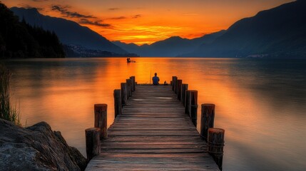 Fototapeta premium Solitary figure sits on a wooden pier overlooking a tranquil lake with a fiery sunset in the background.