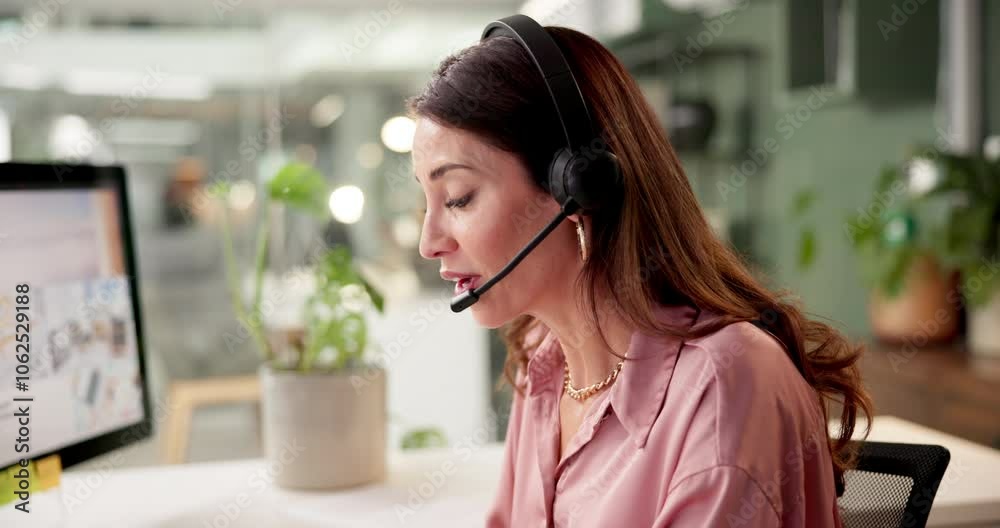Poster computer, headset and support with woman in call center office for advice or consulting. communicati