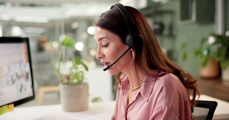 Computer, headset and support with woman in call center office for advice or consulting. Communication, conversation and feedback with happy customer service employee in workplace for telemarketing - Powered by Adobe