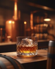 Crystal glass of whiskey with ice on barrel in dimly lit Scottish distillery, surrounded by oak barrels.

