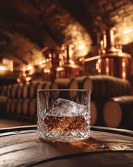 Crystal glass of whiskey with ice on barrel in dimly lit Scottish distillery, surrounded by oak barrels.

