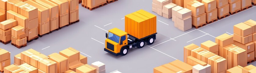 Yellow Delivery Truck Surrounded by Stacks of Cardboard Boxes, Representing Efficient Logistics and Warehouse Operations