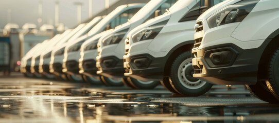 Transporting service company. Delivery logistics. White delivery vans in row. Parkende Autos, vehicle. Commercial fleet. AI generated image