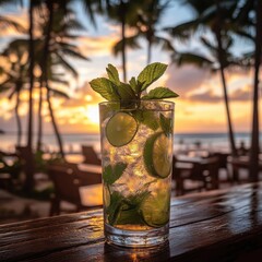 Cuban mojito with mint, lime, and ice on beach bar counter, palm trees and sunset ocean in background