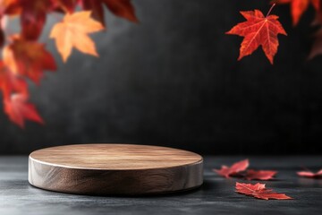 Autumn elegance a rustic wooden surface surrounded by fall leaves