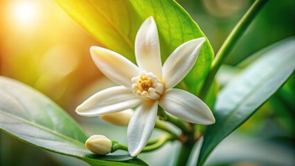 Obraz premium White vanilla flower with stamen and green leaves on a white background close-up