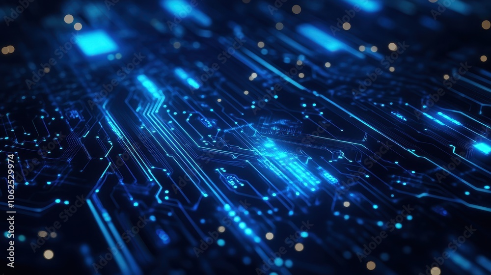 Aufkleber glowing blue circuit board with abstract lines and bokeh lights