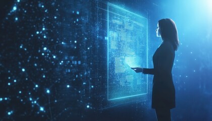 Woman Observing Digital Interface with Blue Glowing Light