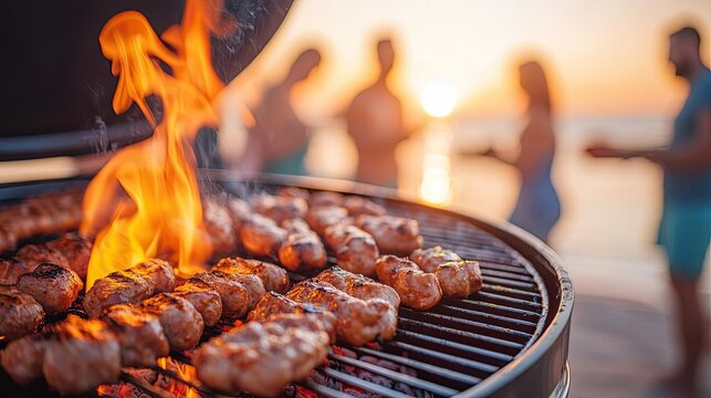 Grilling meat with flames at sunset, beach gathering, vibrant atmosphere.