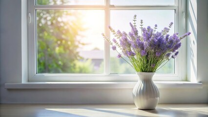 Fototapeta premium White vase with lavender bouquet on windowsill with morning light