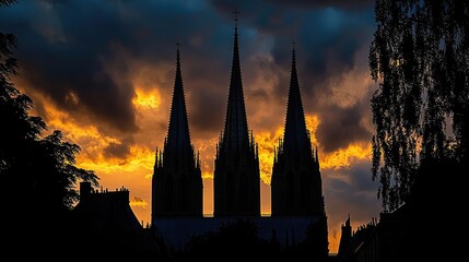 Naklejka premium Silhouette of three tall spires against a dramatic sunset sky.