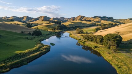 Obraz premium An aerial view of a river winding through a valley, with rolling green hills and a blue sky.