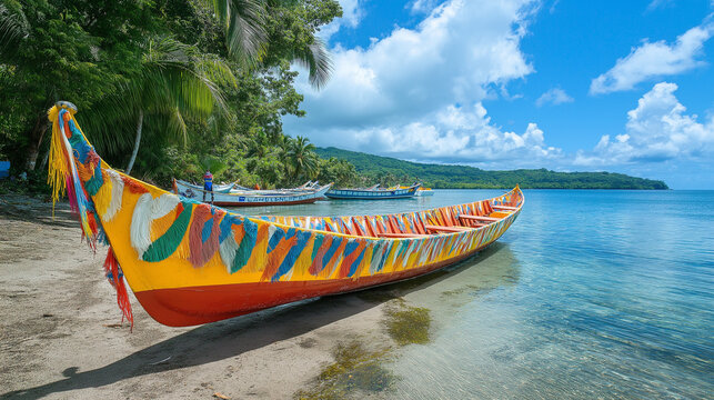 Traditional canoe on the shore decorated for the celebration, Pohnpei Constitution Day, photo,