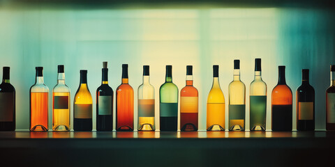 Assorted champagne wine bottles in various colors and shapes on shelves at bar, retail liquor shop. a diverse collection of different wines. Alcoholic beverages, red wine on the stalls in supermarket.