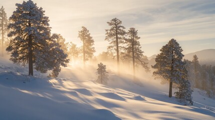 Obraz premium A misty winter sunrise illuminates a snowy forest with tall pine trees.