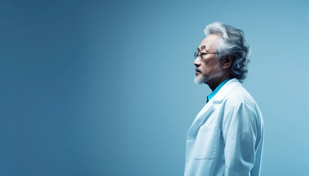 Elderly Asian man with glasses, dressed in a white coat, standing against a blue background. Side view portrait.