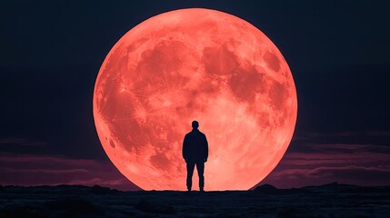 Silhouette of a person against a large red moon background.