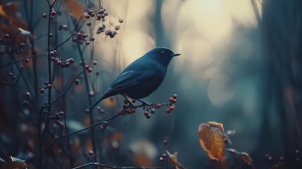 A black bird is perched on a branch of a tree