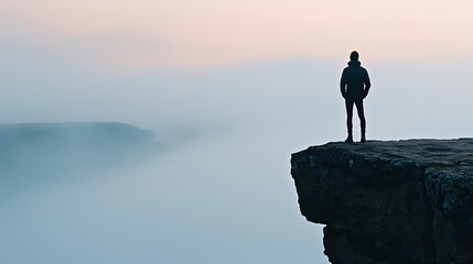 Silhouette of a person standing on a cliff, gazing into a foggy horizon.