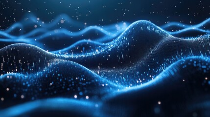 Abstract Blue Wavy Surface with Glowing Particles