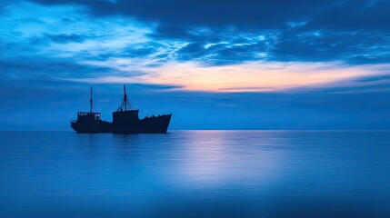 Obraz premium Silhouette of a ship at sunset on calm waters, blue tones in a serene landscape.