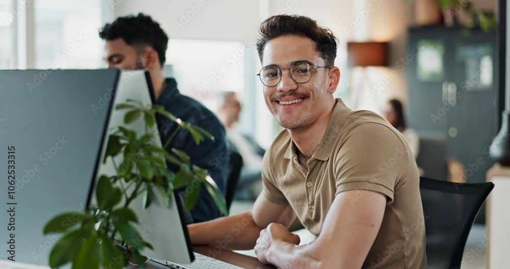 Poster Computer, face and web development with man software engineer in office for coding or programming. Desktop, reading and portrait with happy employee in workplace for design or online research