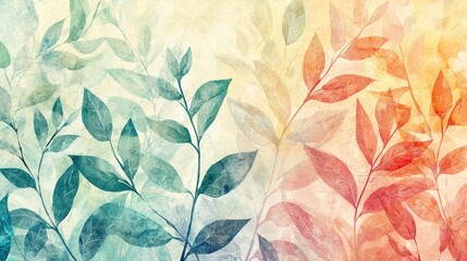 Abstract Watercolor Painting of Green and Red Leaves on a Crackled Background