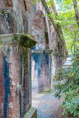 An old Japanese aqueduct surrounded by beautiful greenery.