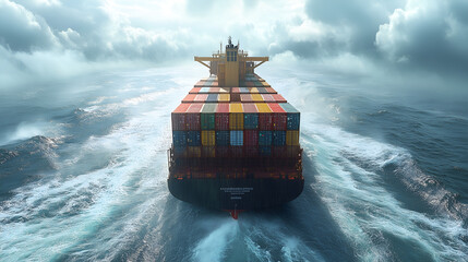 A large cargo ship loaded with a variety of colorful shipping containers, navigating the vast ocean under an expansive sky - obrazy, fototapety, plakaty